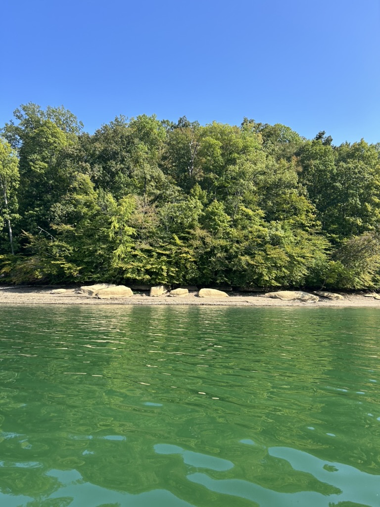 Giant boulders emerge from Dale Hollow Lake as the water receds in the Fall