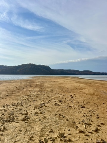 Long shot of the island in front of the Lake House on Dale Hollow