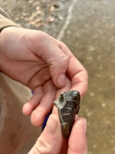 Flint carved, perhaps the beginning of an arrowhead.
