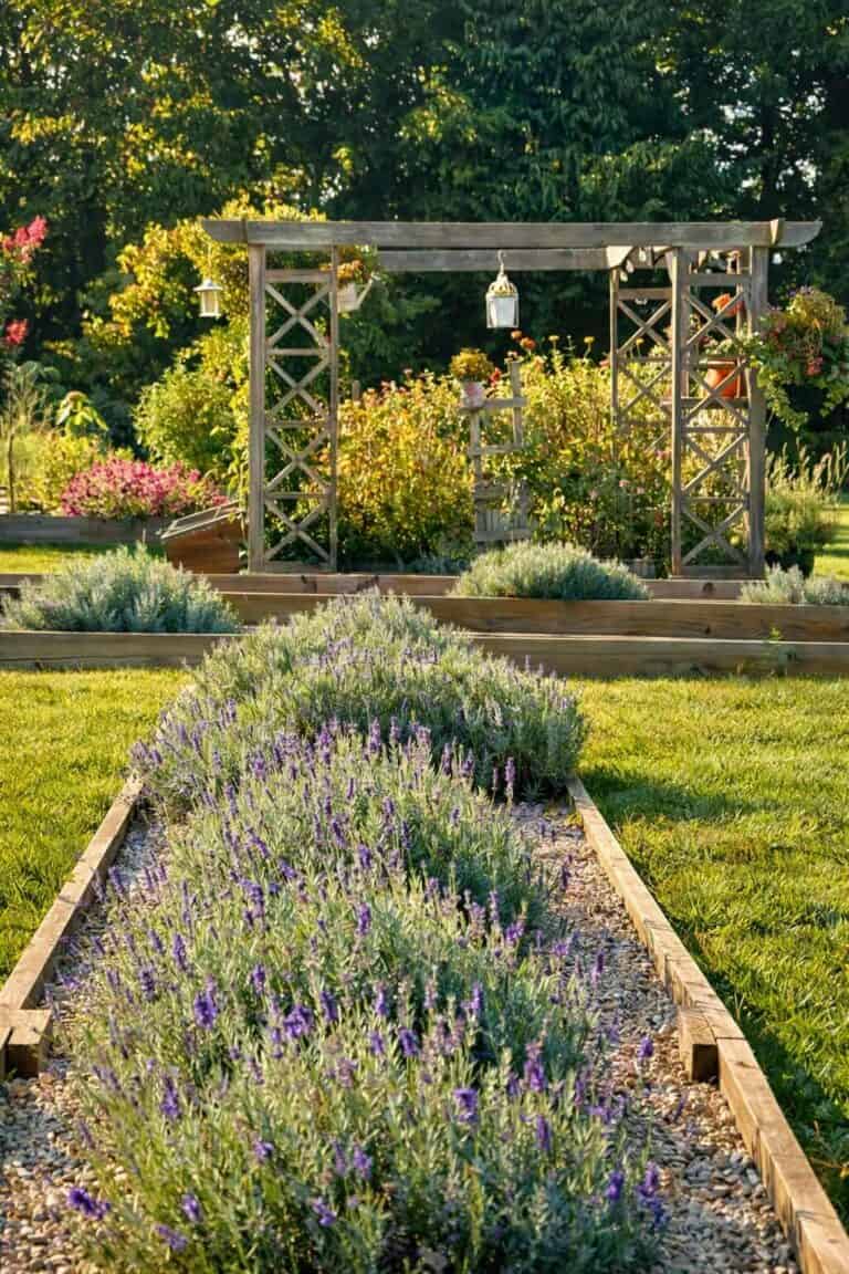 Blooming line of lavender in a raised bed with hanging plants and shrubs in the background.