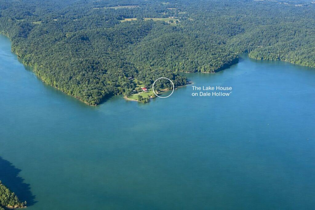 Bird's eye view of the Dale Hollow Lake and shoreline. Labeled location of the Lake House on Dale Hollow