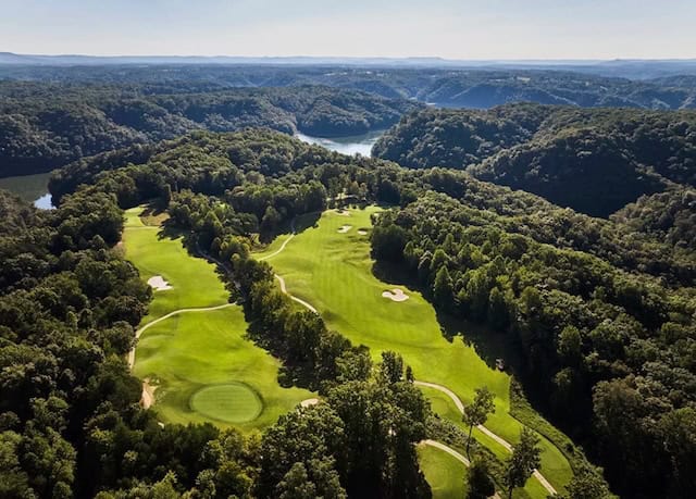 Bird's eye view of Kentucky State Park Golf Course. Greens and forest.